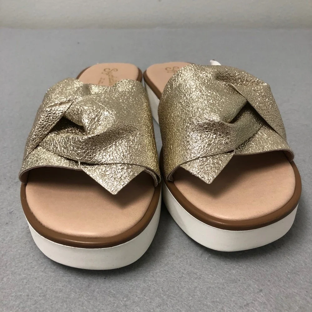 Seychelles Slide Sandals Womens 7.5 Gold Metallic Platform Knotted Made In Italy